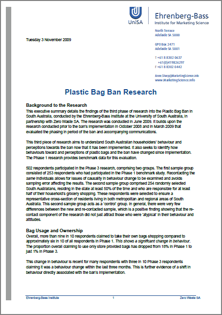 Plastic Bag Ban Research Ehrenberg-Bass Institute (2009)